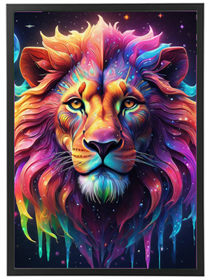 Et farverigt og fantasifuldt billede af en løve med en stjernespækket baggrund.