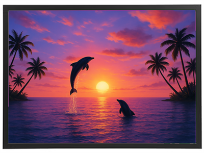 To delfiner leger i vandet ved en farverig solnedgang med palmer i baggrunden.