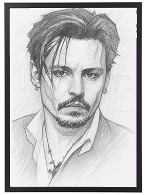 Et detaljeret blyantsketch af en mand med en unik frisure og stilfuldt tøj.