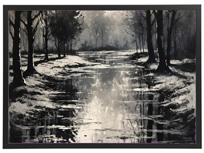 Et sort-hvidt maleri af en stille flod omgivet af træer, der reflekterer lys og skygger.