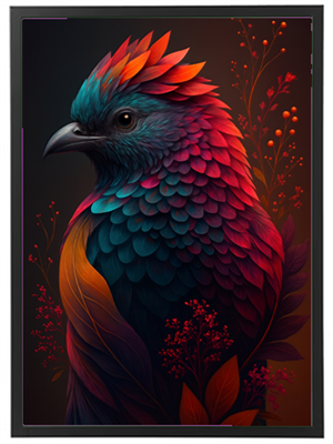 En stiliseret fugl med en farverig fjerdragt og blomster i baggrunden.