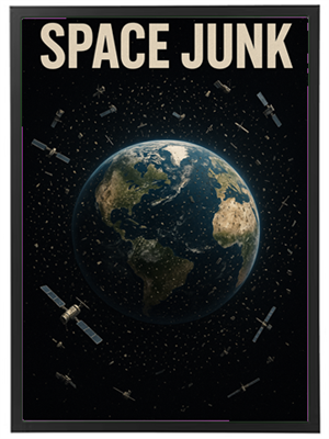 Et billede af Jorden omgivet af rumaffald, der illustrerer udfordringerne ved rummet.