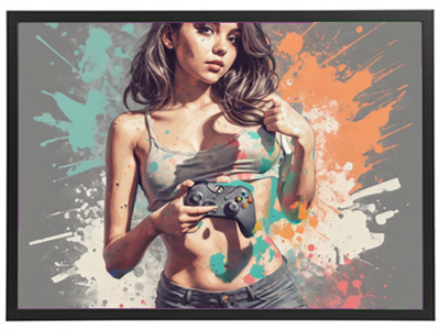 En digital illustration af en ung kvinde med en spillecontroller, omgivet af farverige sprøjt.