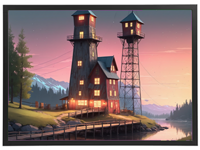 Et smukt landskab med to tårne, en bygning og en rolig sø ved solnedgang.