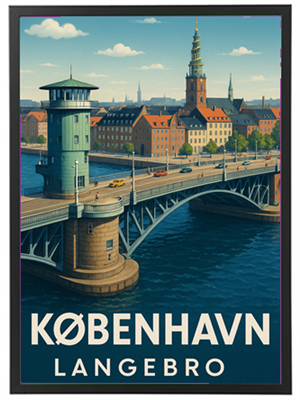 Illustration af Langebro i København med byens skyline i baggrunden.