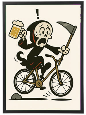 En humoristisk illustration af en skeletfigur, der cykler og holder en øl, mens han ser forskrækket ud.