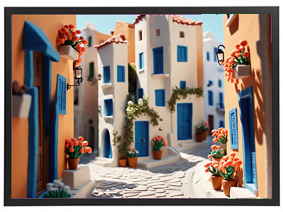 En livlig gade med hvidkalkede huse, blå døre og blomsterkrukker, der skaber en charmerende atmosfære.