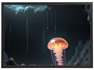 En lysende medusa svømmer i mørket, omgivet af dybhavselementer.