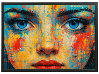 Et nærbillede af et ansigt med intense blå øjne og farverige maleriske detaljer.