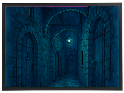 En skitse af en mørk gade med buede arkader og en hængende lampe.