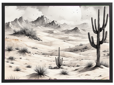Et stiliseret ørkenlandskab med bjerge og kaktusser i sort-hvidt.
