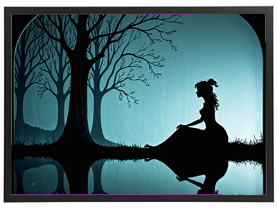 En silhuet af en kvinde i en kjole, der sidder ved en sø omgivet af træer i skumringen.