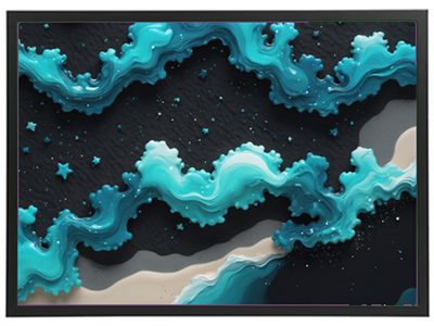 Et farverigt og abstrakt billede, der viser bølger i nuancer af blå og grøn, med stjerner.