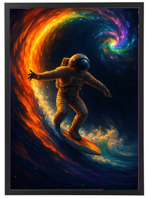 En astronaut surfer på en farverig galaktisk bølge, omgivet af stjerner og lys.