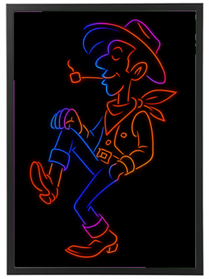 En farverig neon-tegning af en cowboy, der danser med en pibe i munden.