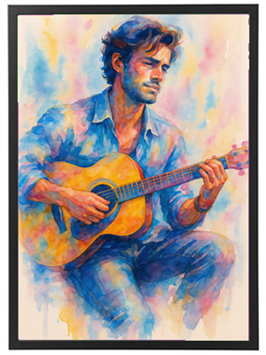 Akvarelmaleri af en mand, der spiller guitar, omgivet af farverige nuancer.