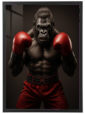 En muskuløs gorilla iført boksehandsker og shorts, klar til at kæmpe.