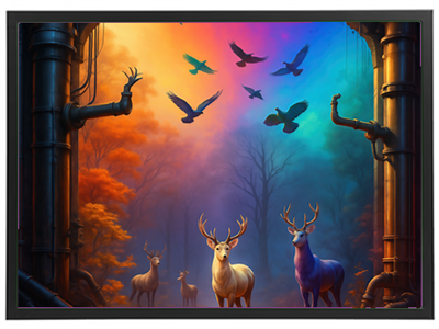 En farverig skovscene med hjorte og fugle, omgivet af rør og en drømmende atmosfære.