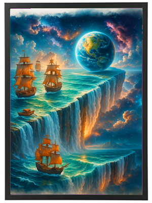 Billedet viser skibe sejlende på en klippe med en vandfald, der fører til rummet.