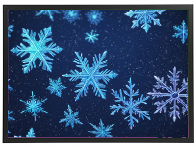 Et billede af forskellige snefnug, der svæver i en dybblå baggrund med snevejr.