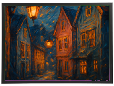 Et maleri af en stille gade om natten, oplyst af varme lanterner og farverige bygninger.