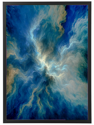 Et abstrakt billede med bløde, bølgende former i blå og gyldne farver, der skaber en drømmende atmosfære.