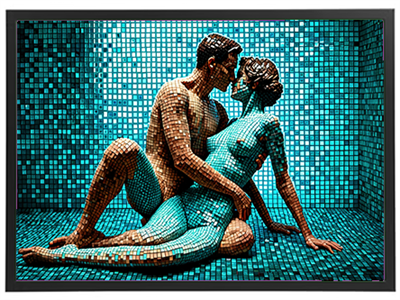 En farverig mosaik, der skildrer et intimt øjeblik mellem to mennesker.