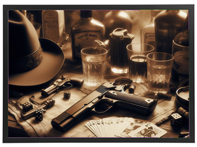 Et stillestående billede af en bar med en pistol, kort og flasker, der skaber en nostalgisk stemning.