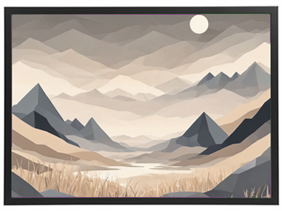 Et stiliseret bjerglandskab med geometriske former og bløde farver.