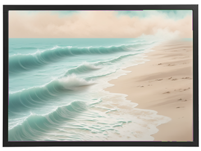 Et malerisk strandlandskab med bølger, der skyller ind på kysten under en blød himmel.