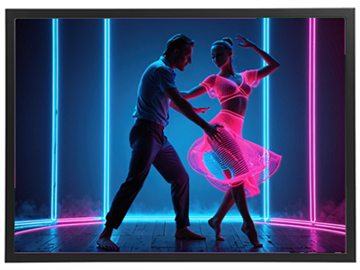 Et dramatisk billede af to dansere i neonfarver, der skaber en livlig atmosfære.