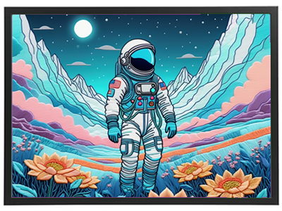 Et farverigt billede af en astronaut, der står i en surrealistisk landskab med blomster.