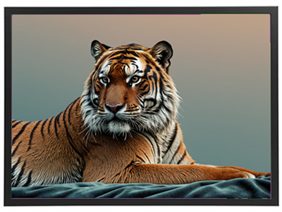 Et nærbillede af en tiger, der ligger afslappet på en overflade med en blød baggrund.