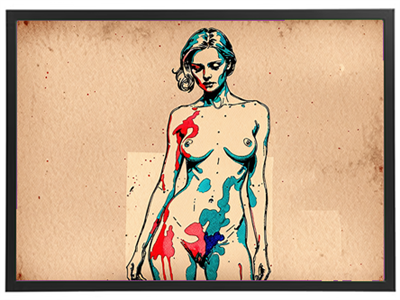 Et kunstværk af en nøgen kvinde med farverige malerstræk på kroppen.