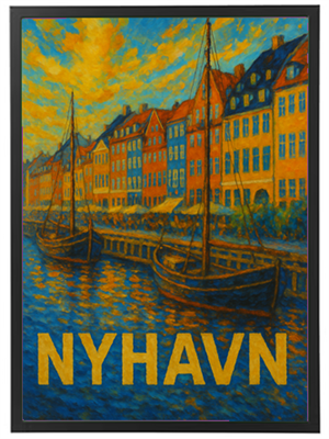 En malerisk scene af Nyhavn med farverige bygninger og både, der ligger i vandet.