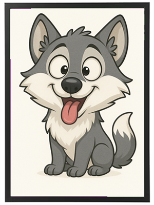 En farverig og glad ulvehvalp med store øjne og en viftende hale.