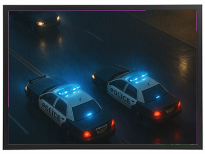 To politibiler med blinkende lys kører på en våd vej i regnvejr.