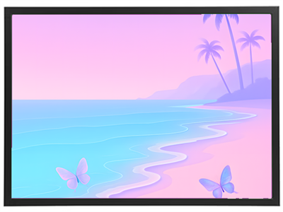 Et stiliseret billede af en rolig strand med lyserøde nuancer og sommerfugle.