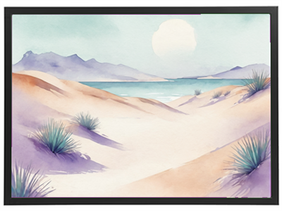 Et smukt akvarelmaleri af en ørken med bjerge og hav i baggrunden.