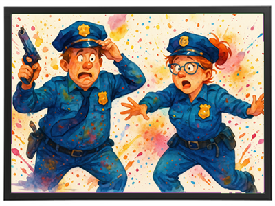 To betjente ser forskrækkede ud, mens de står i en farverig, sprøjtet baggrund.