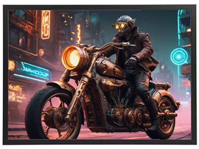 En motorcykelrytter iført steampunk-inspireret udstyr kører gennem en neonbelyst by.