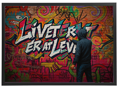 En mand står foran en farverig væg med graffiti, der udtrykker budskabet Liveterat er at leve.