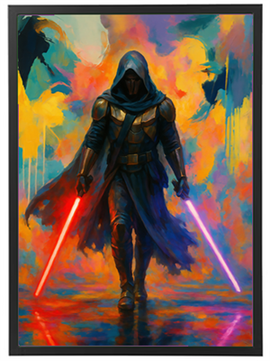 En dramatisk figur i kappe med to lysende lyssværd, omgivet af farverig baggrund.