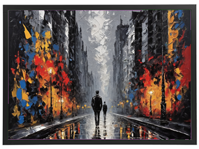 Et maleri af en bygade med to personer, omgivet af farverige lys og refleksioner i regnen.