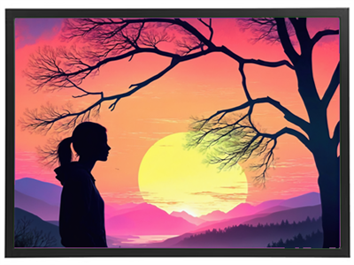 En silhuet af en person står foran en farverig solnedgang med bjerge i baggrunden.