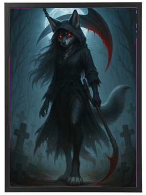 En mystisk skikkelse i en kappe med blodrøde øjne og en skovl, omgivet af gravsten.