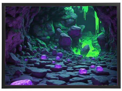 Et farverigt hulelandskab med glitrende lilla krystaller og en grønlig baggrund.