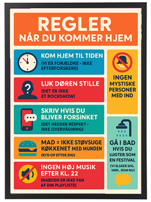 En infografik med regler for, hvordan man opfører sig, når man kommer hjem.