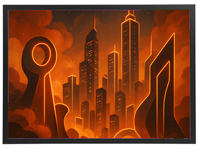 Et dramatisk bylandskab med høje skyskrabere oplyst af orange lys, omgivet af skyer.