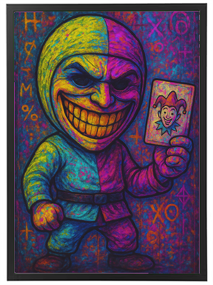 Et livligt og farverigt billede af en joker med et stort smil, der holder et spillekort.